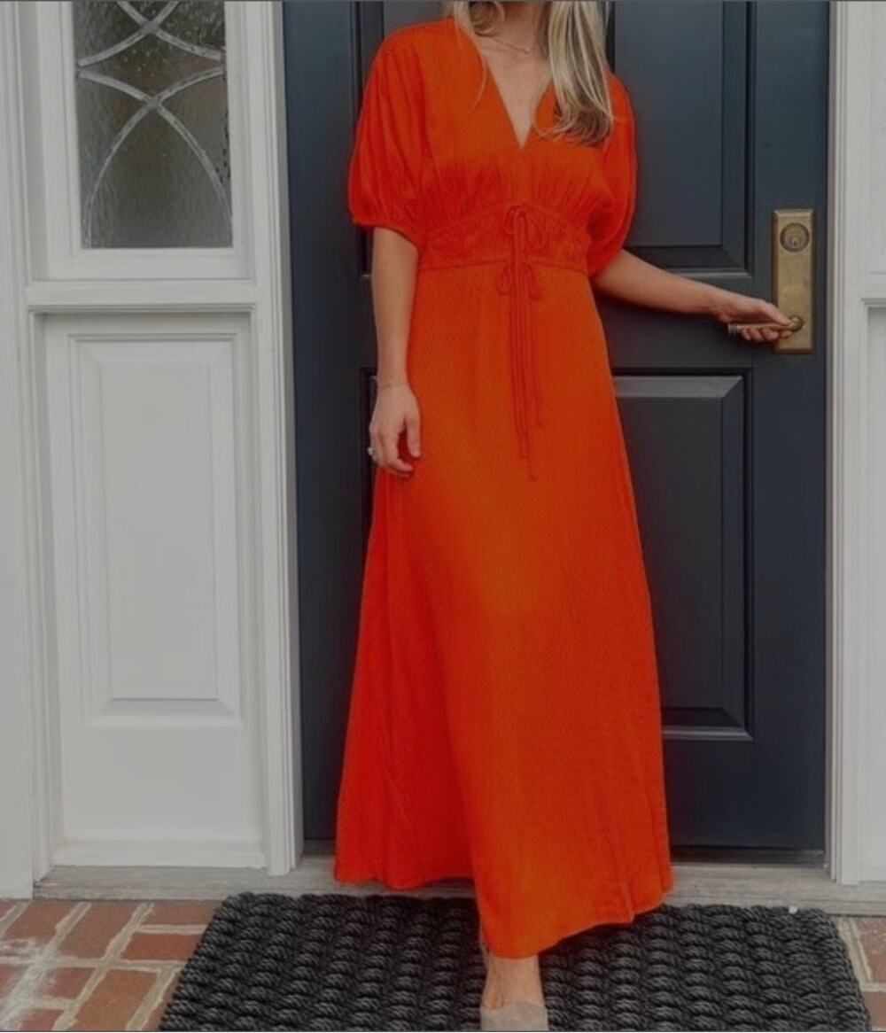 Pearl By Lela Rose Jacquard V-Neck Midi Dress Size 12 Pumpkin Orange Fall NWT